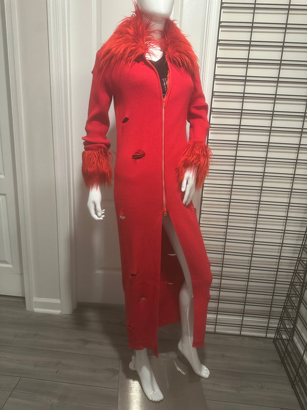 Fur trimmed cut out sweater duster