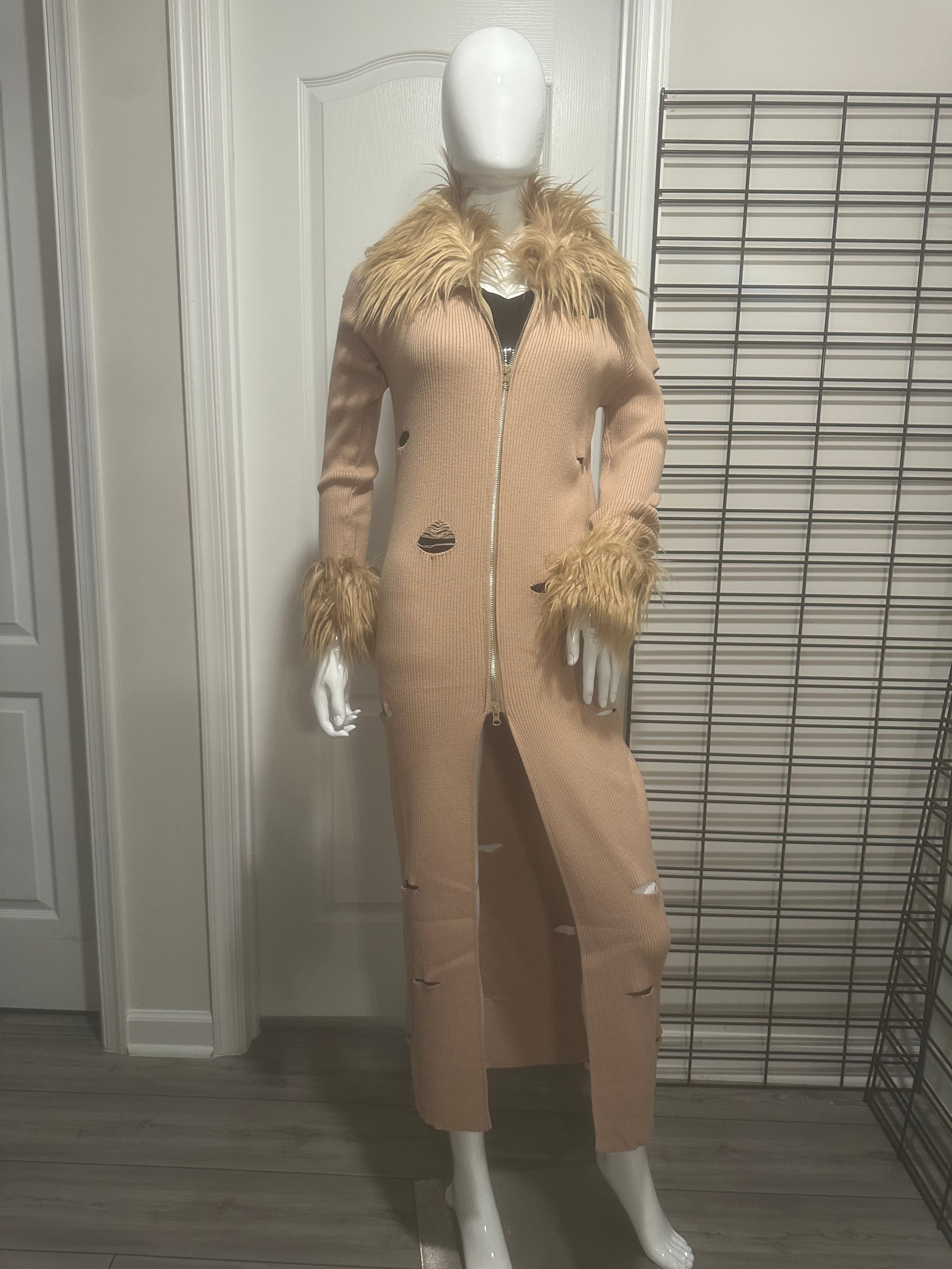 Fur trimmed cut out sweater duster