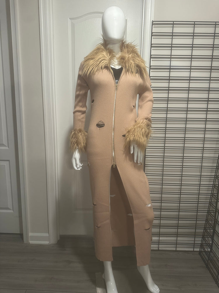 Fur trimmed cut out sweater duster