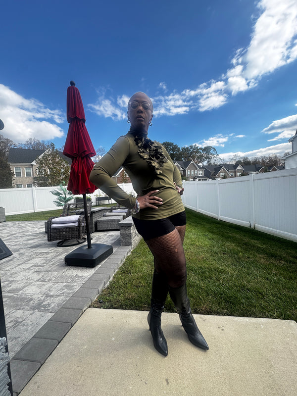 Bling and Silk Flower Long Sleeve Top