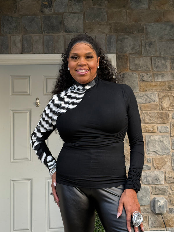 Leather one sided turtleneck long sleeve top