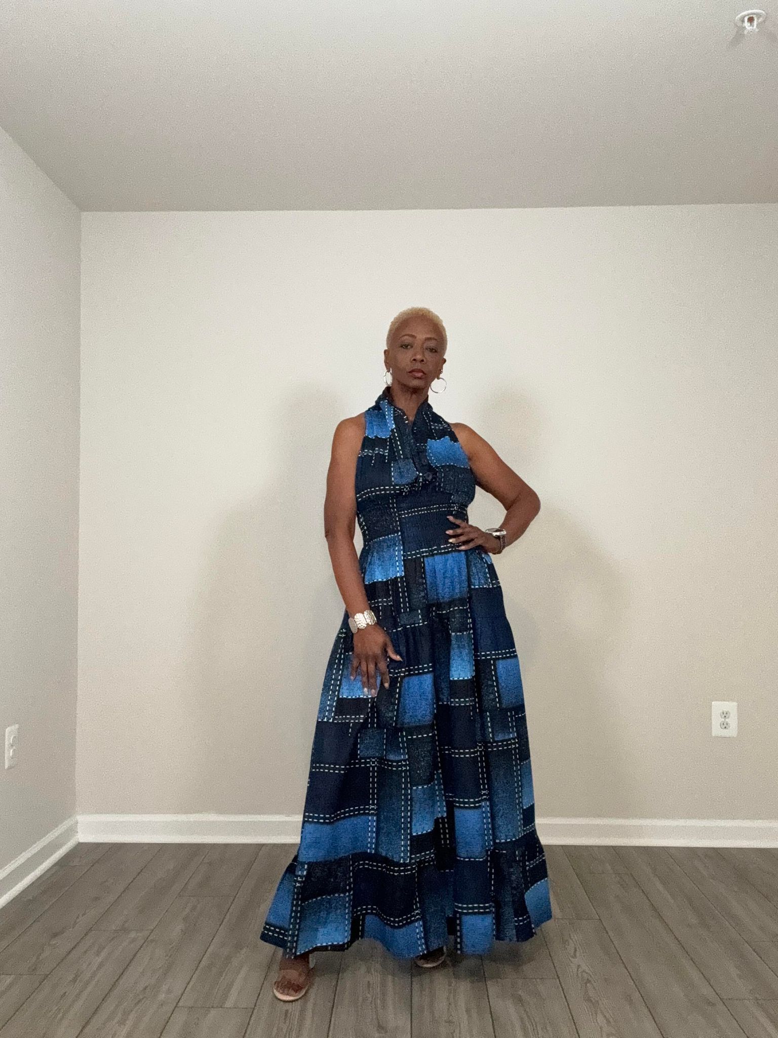 Denim Patch Print Halter Maxi