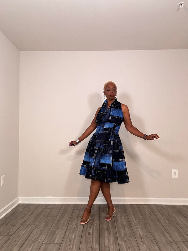 The Denim Patch Print Halter Dress (short).