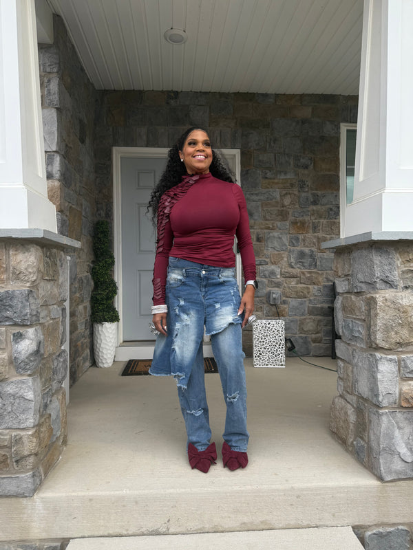 Leather one sided turtleneck long sleeve top