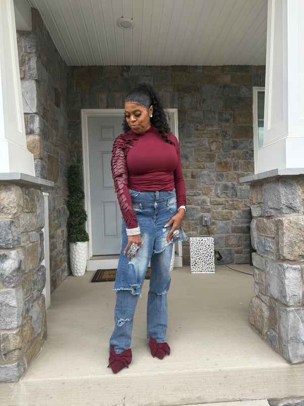 Leather one sided turtleneck long sleeve top