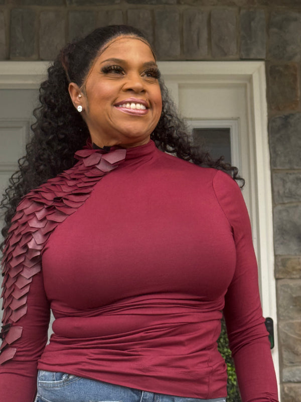 Leather one sided turtleneck long sleeve top