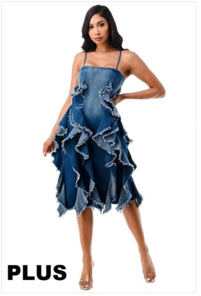 Ruffled Denim Spaghetti Strap Dress