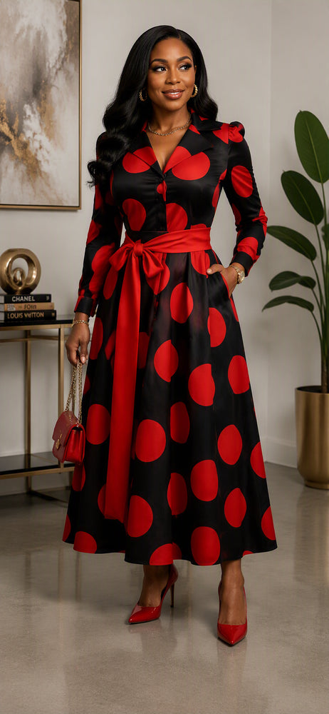Red and black polka dots belted dress