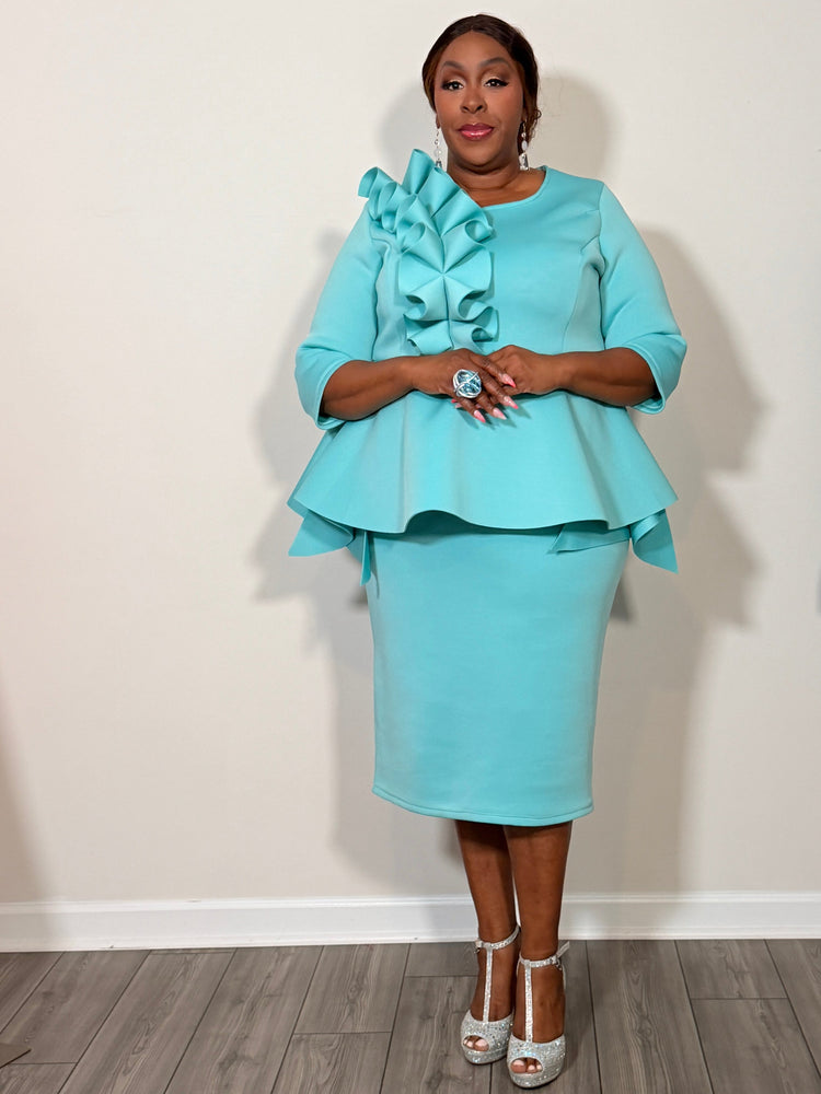 Blue Church Peplum Dress with a bow