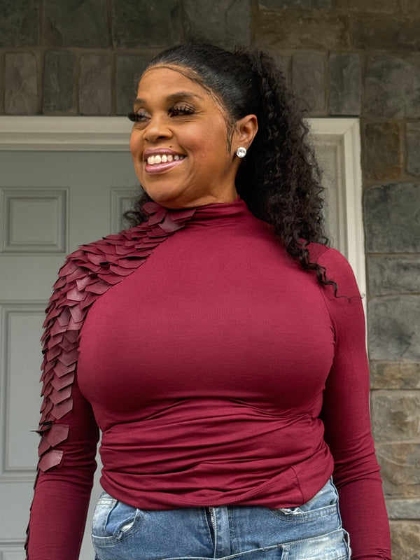 Leather one sided turtleneck long sleeve top