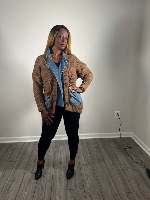 Knit Sweater with Denim Trim