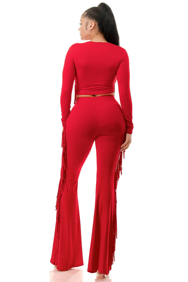 Red and fringe crop top 2 piece set