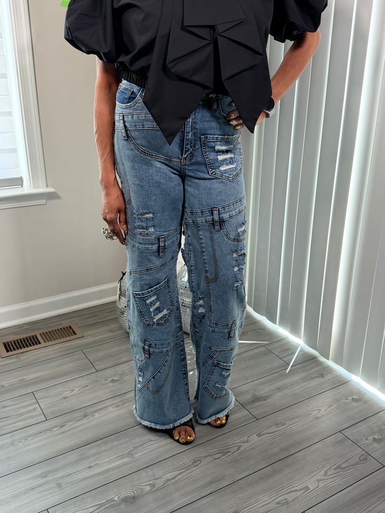 Denim Many pockets wide legged jeans