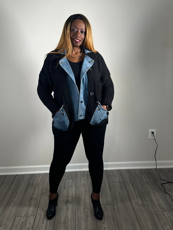 Knit Sweater with Denim Trim