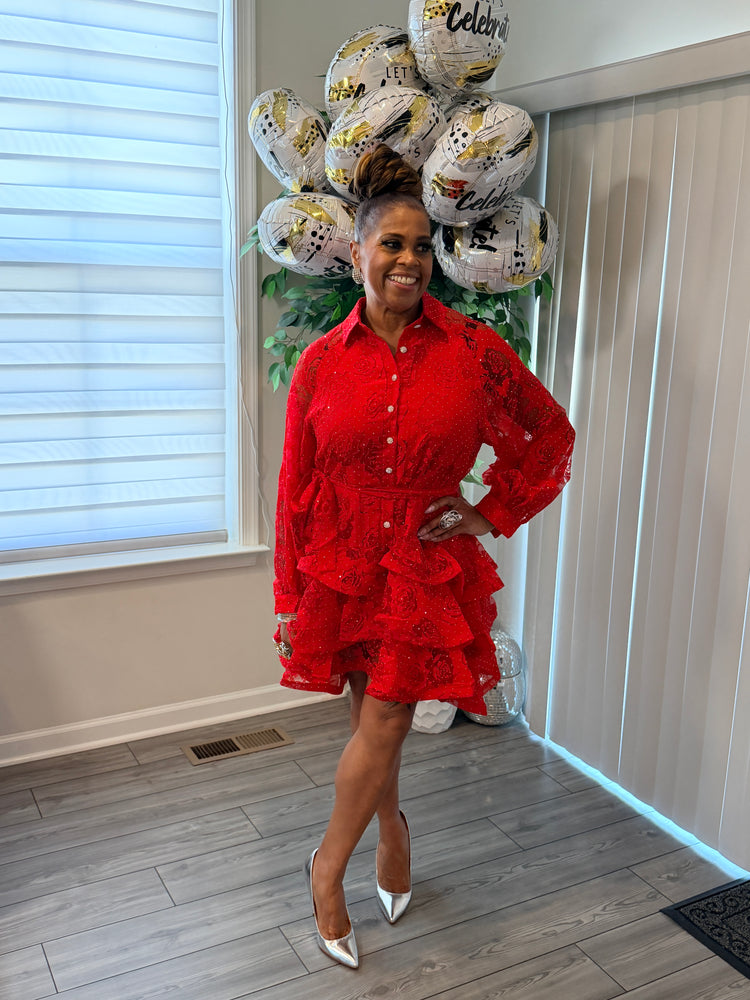 Red Bling belted ruffled dress