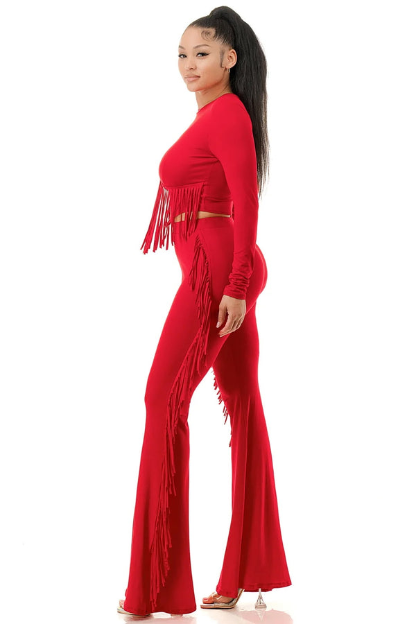 Red and fringe crop top 2 piece set