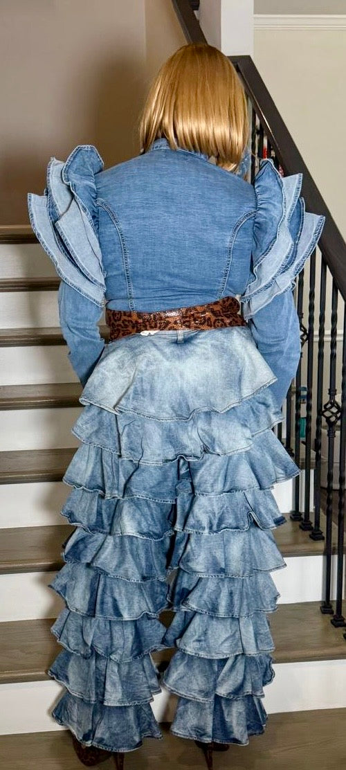 Ruffled Shoulder Button down denim top