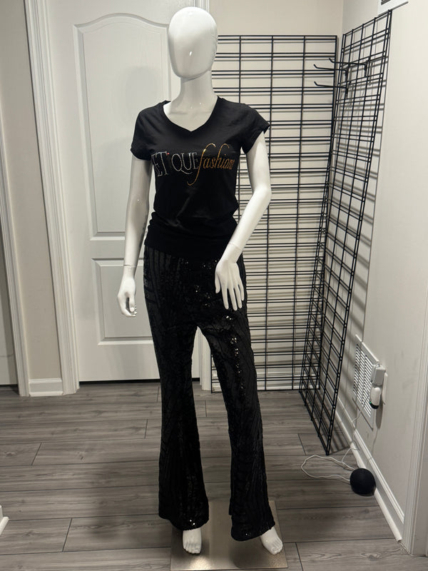 Black Sequin Flared Pants