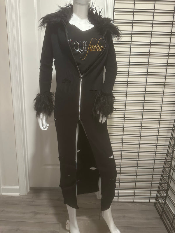 Fur trimmed cut out sweater duster