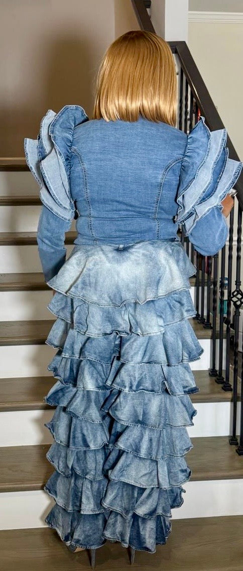 Ruffled Shoulder Button down denim top