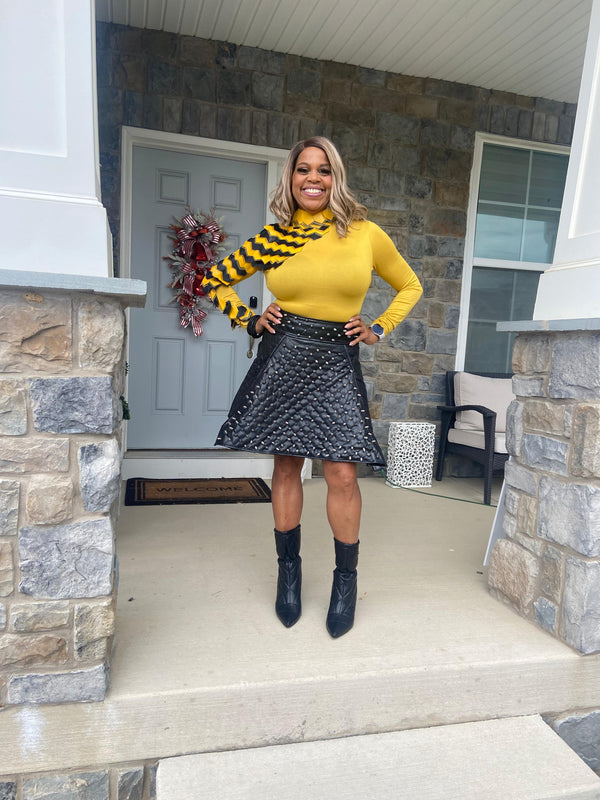 Yellow and black Leather one sided turtleneck long sleeve