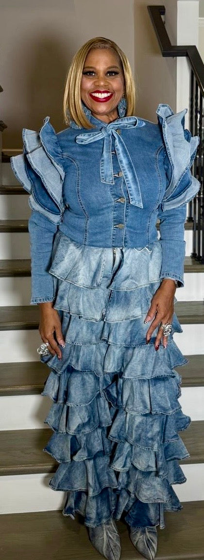 Ruffled Shoulder Button down denim top