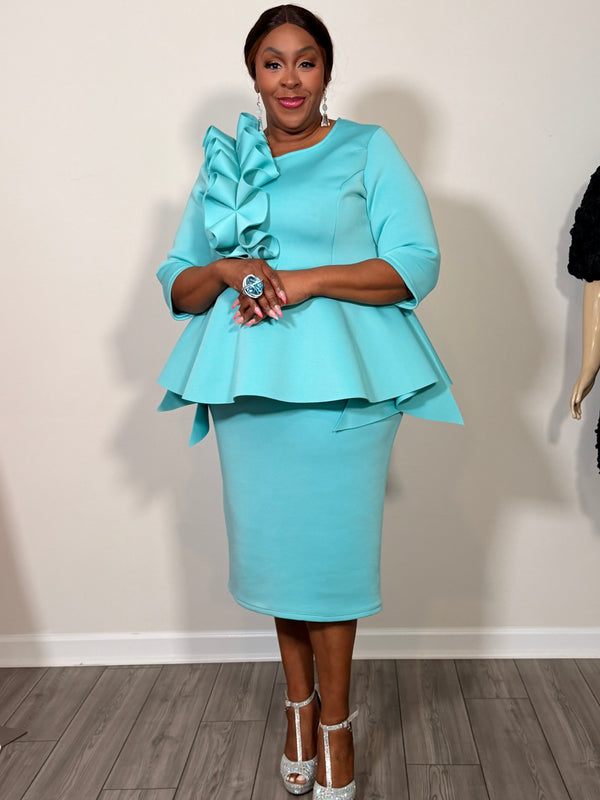 Blue Church Peplum Dress with a bow