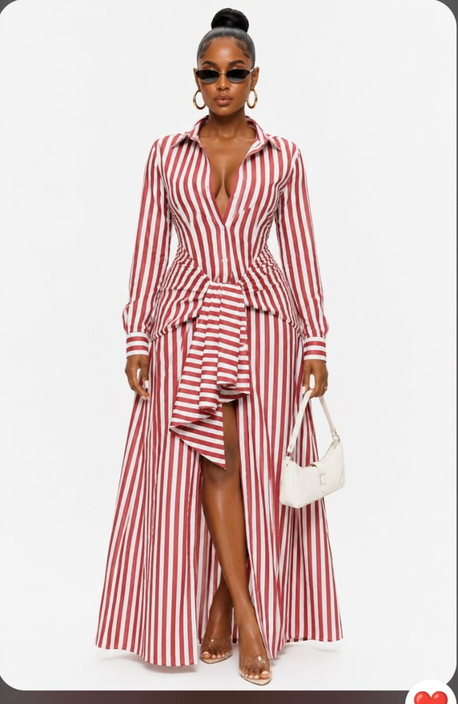 Ruby Stripe Elegance 
Crimson Confidence button down maxi dress