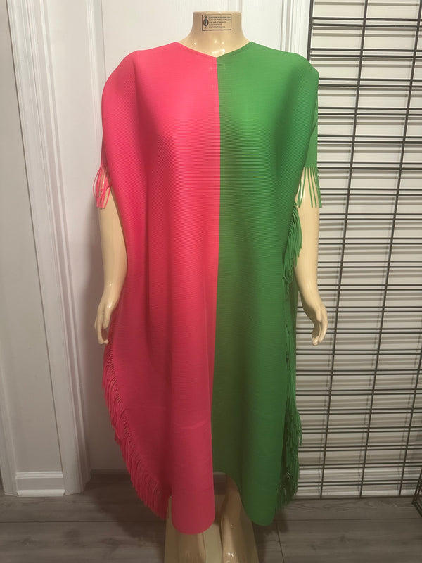Pink and Green Split Fringe Dress