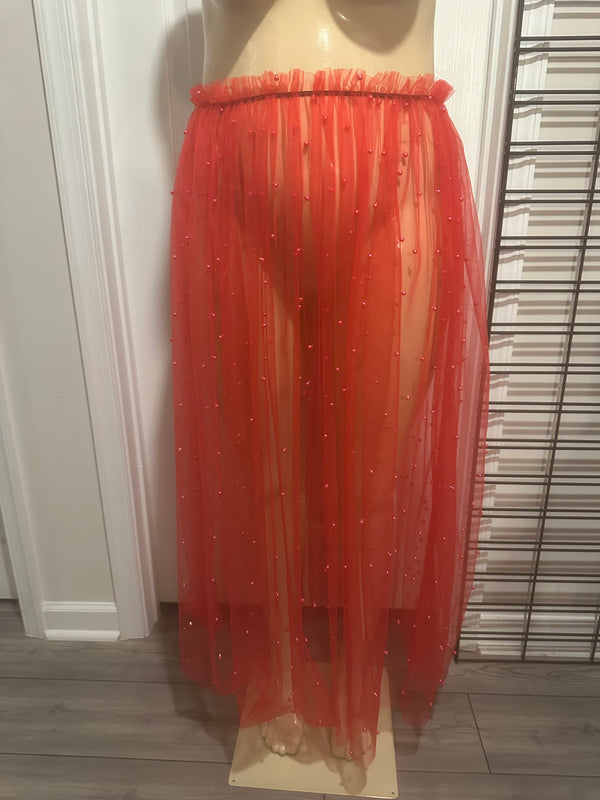 Red Pearl Mesh Skirt Overlay
