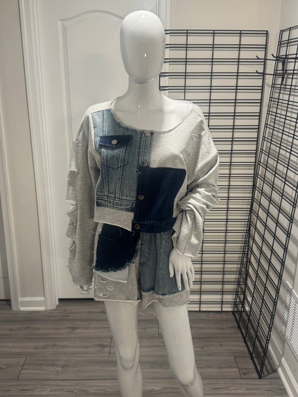 Denim Patched Short Set