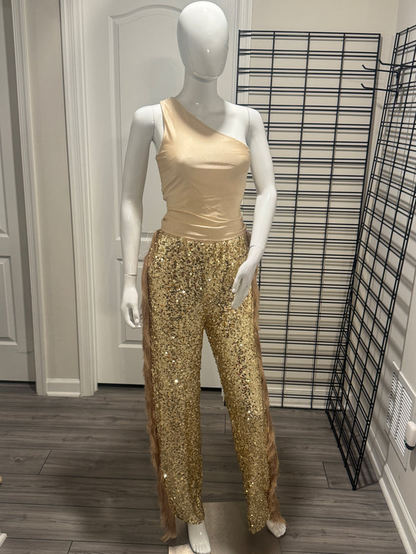 Gold Fringe Sequin One Shoulder Set