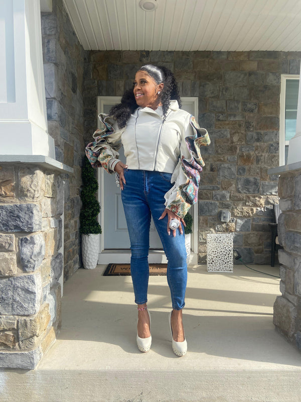 Bone Faux Leather Brocade Jacket