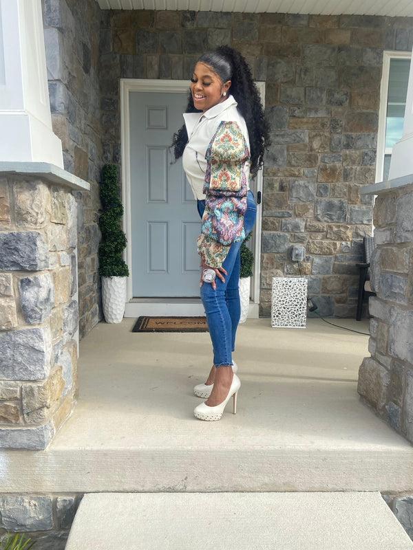 Bone Faux Leather Brocade Jacket