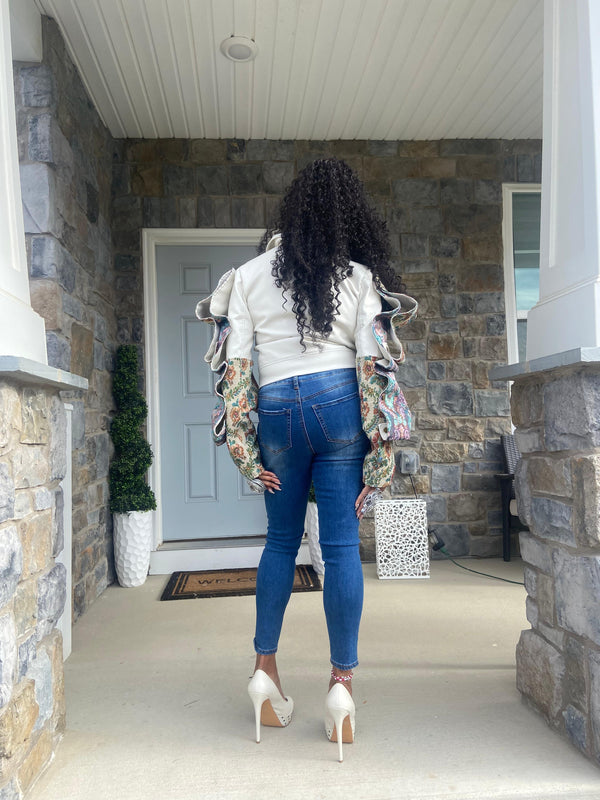 Bone Faux Leather Brocade Jacket