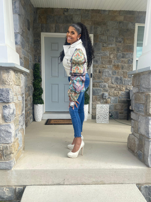 Bone Faux Leather Brocade Jacket