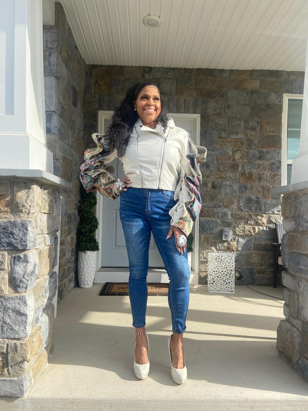 Bone Faux Leather Brocade Jacket